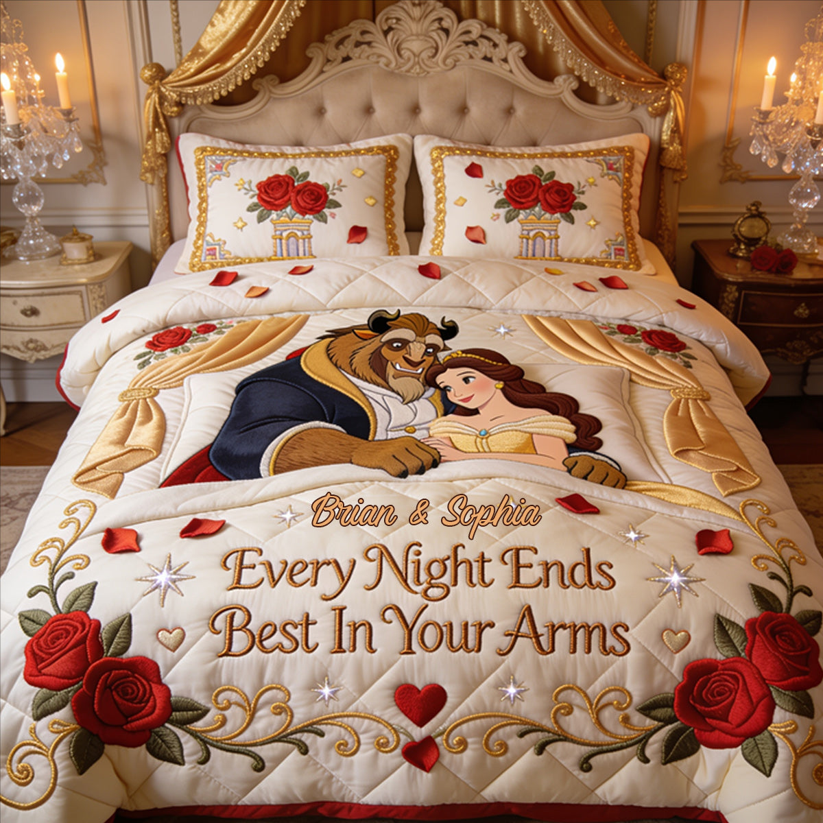 Every Night Ends Best In Your Arm - Personalized Beauty And The Beast Bedding Set