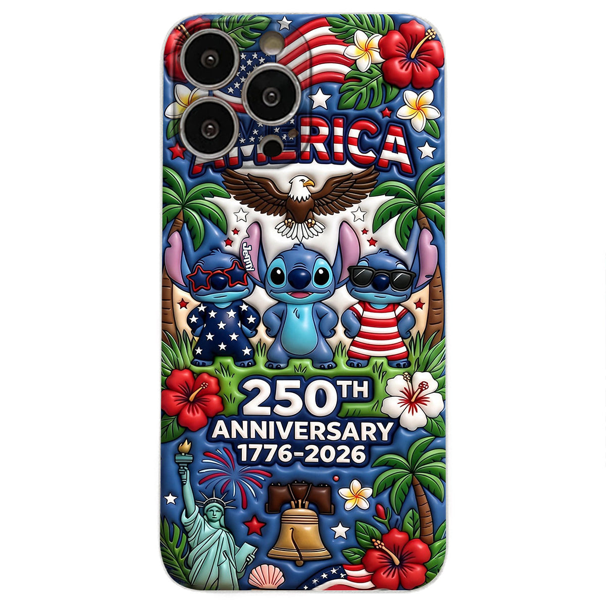 Cute Blue Alien USA 250th Anniversary - Personalized Ohana 3D Embossed Leather Phone Case