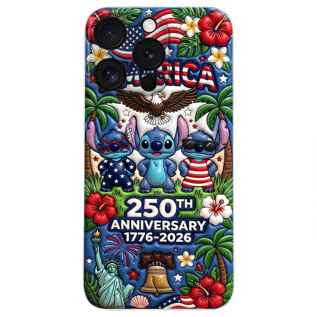 Cute Blue Alien USA 250th Anniversary - Personalized Ohana 3D Embossed Leather Phone Case