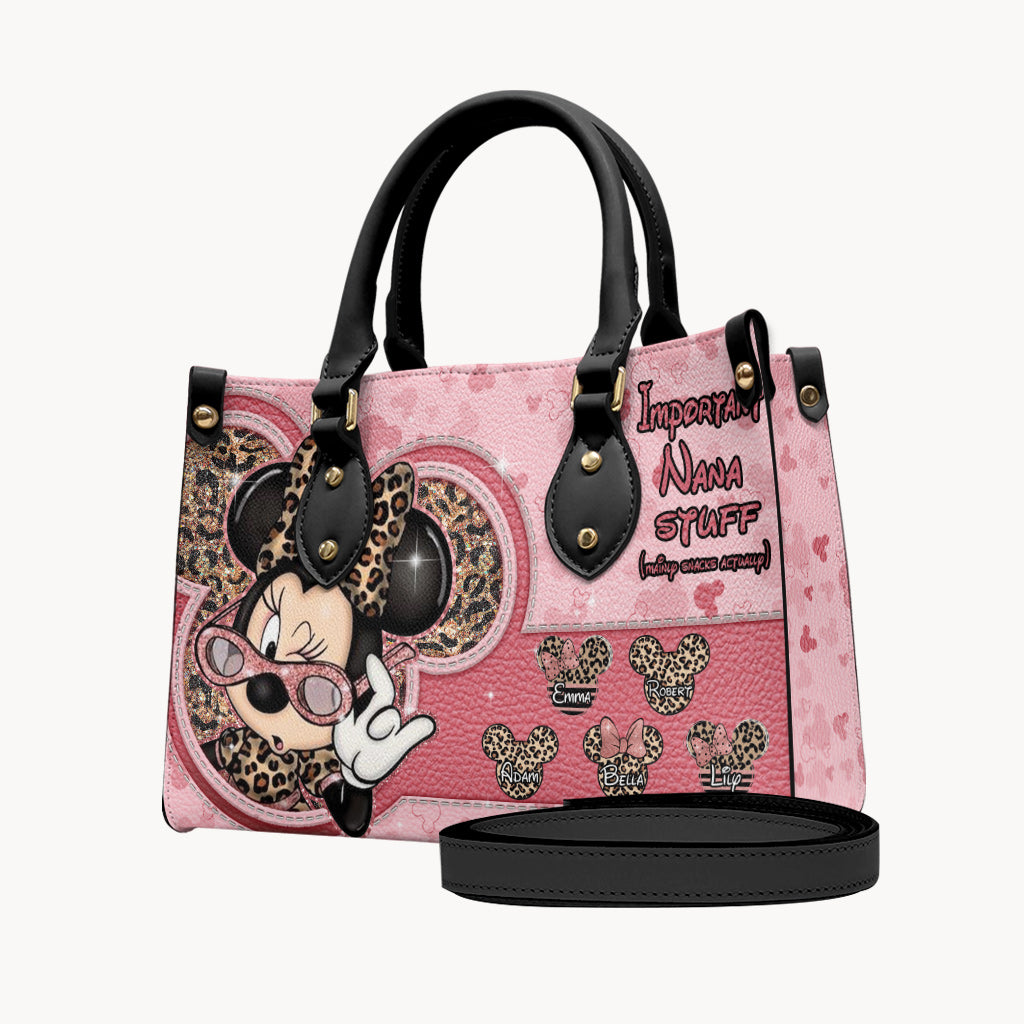 Important Nana Stuff Mainly Snacks Actually - Personalized Grandma Leather Handbag