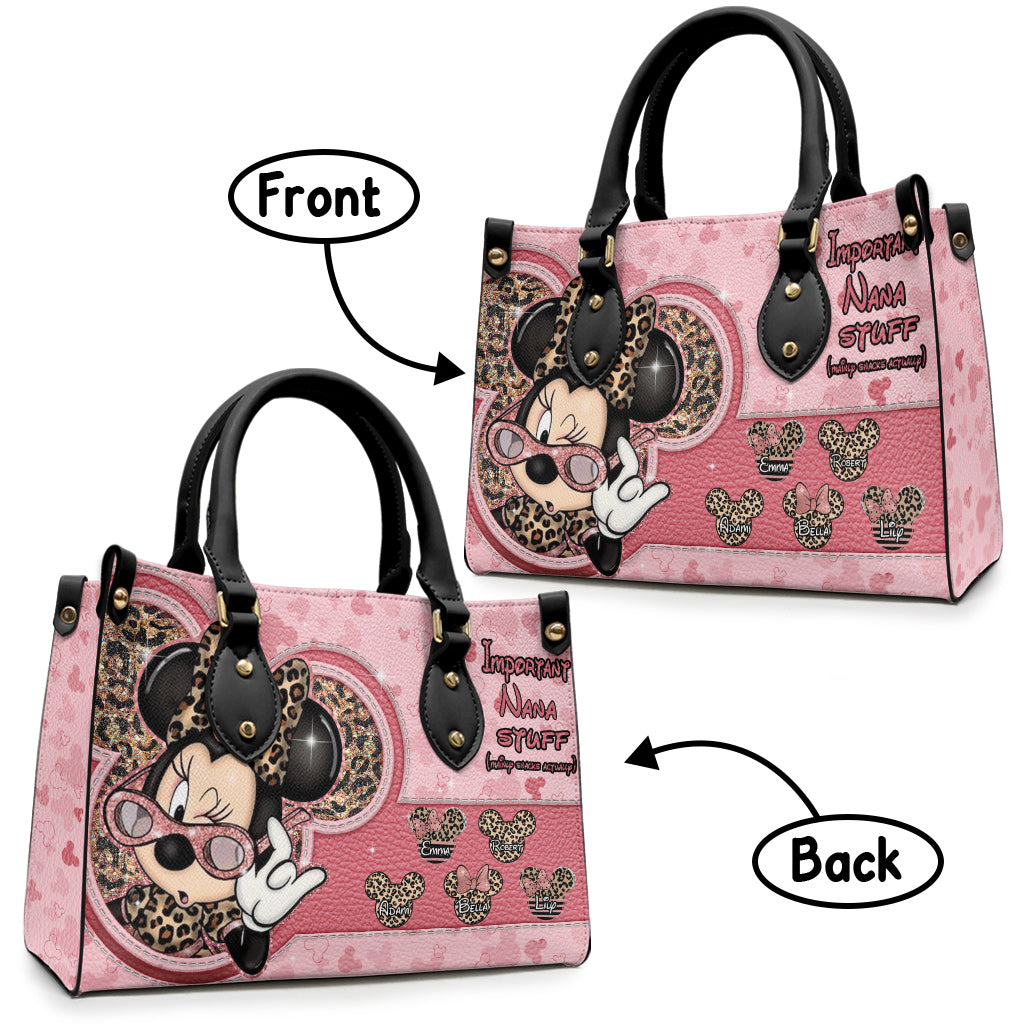 Important Nana Stuff Mainly Snacks Actually - Personalized Grandma Leather Handbag