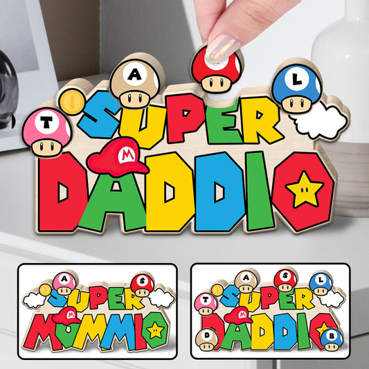 Super Daddio Mommio Baby Mushroom - Personalized Super Plumber Shaped Wooden Puzzle