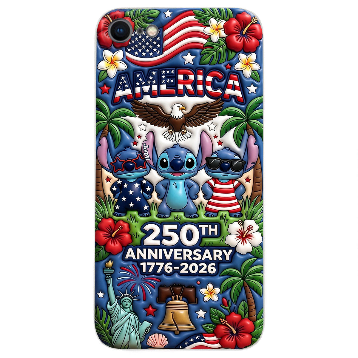 Cute Blue Alien USA 250th Anniversary - Personalized Ohana 3D Embossed Leather Phone Case