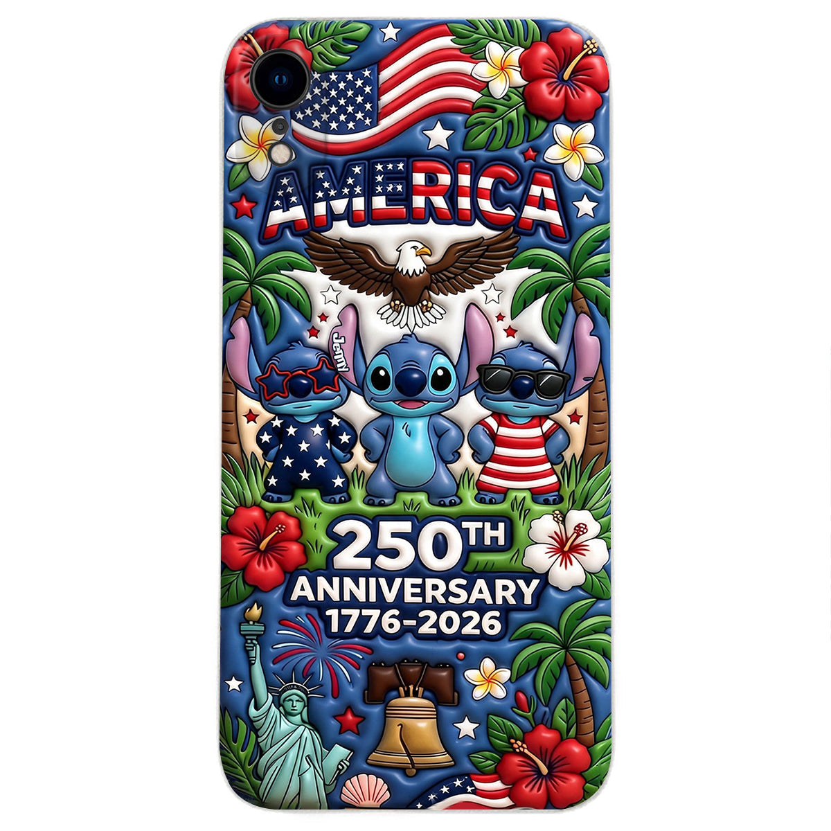 Cute Blue Alien USA 250th Anniversary - Personalized Ohana 3D Embossed Leather Phone Case