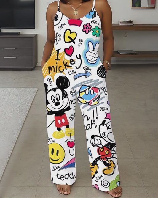 Magical Moment - Sleeveless Drawstring Jumpsuit with Pockets - Personalized Mouse Loose-Fit Overalls/ Rompers