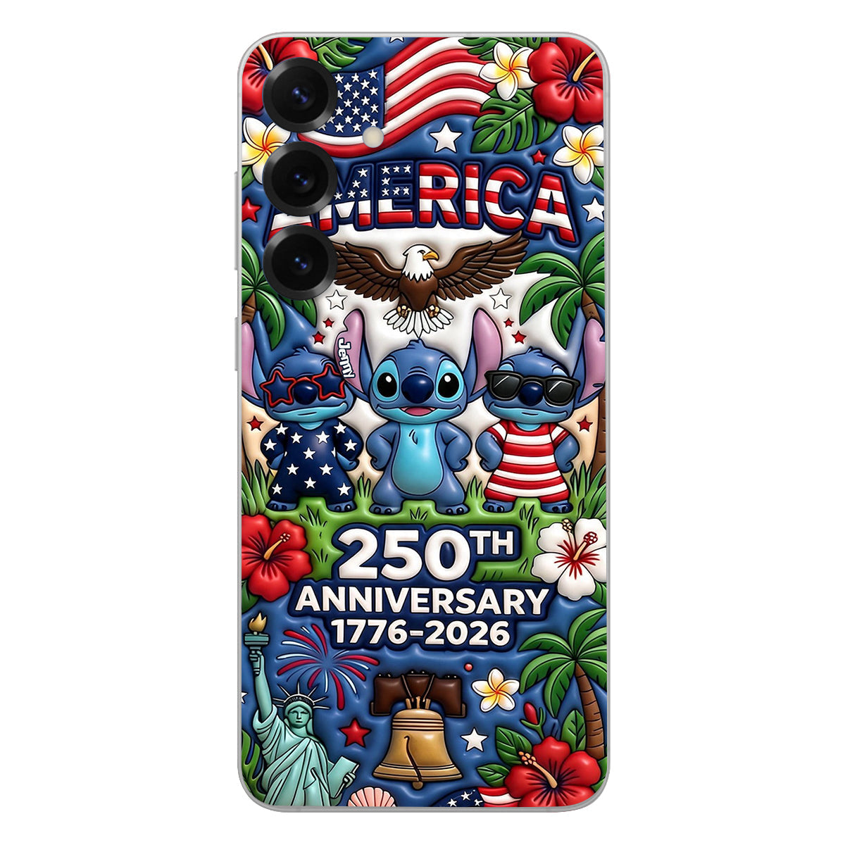 Cute Blue Alien USA 250th Anniversary - Personalized Ohana 3D Embossed Leather Phone Case