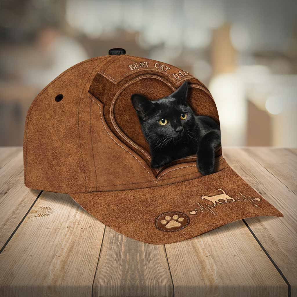 Best Cat Dad Ever - Black Cat Leather Pattern Print Cap
