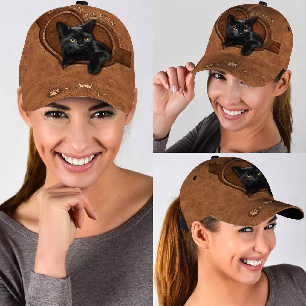 Best Cat Dad Ever - Black Cat Leather Pattern Print Cap