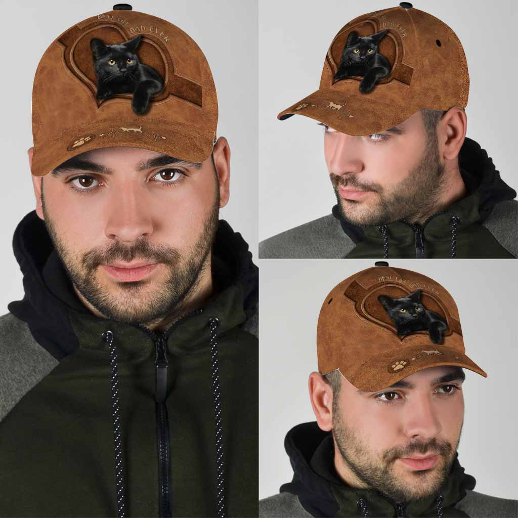 Best Cat Dad Ever - Black Cat Leather Pattern Print Cap