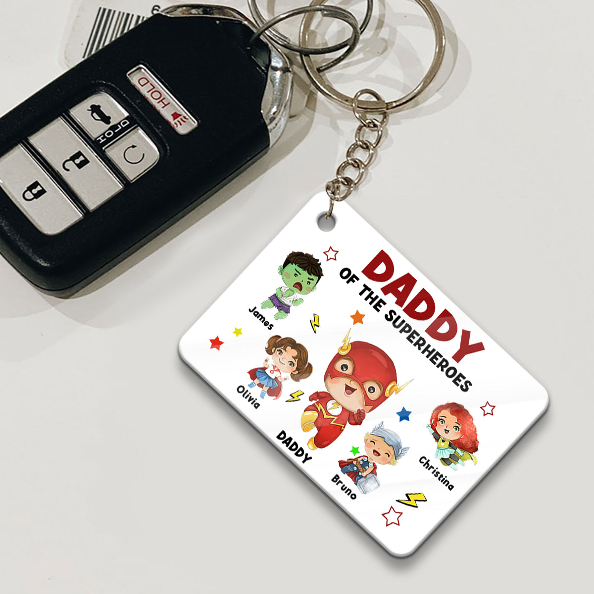Daddy Of Superheroes - Personalized Father Keychain (Printed On Both Sides)
